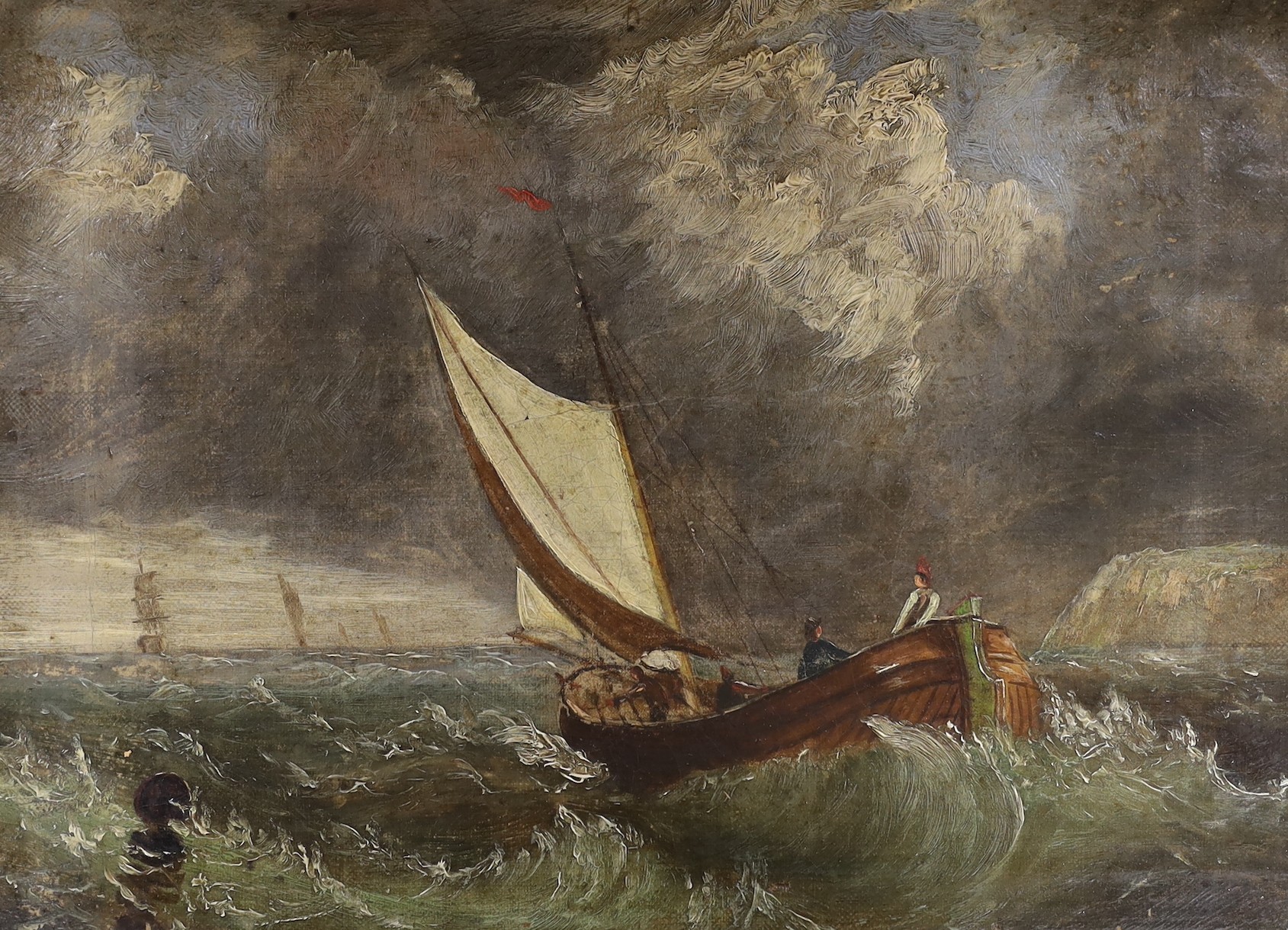 19th century English School, oil on canvas, Fishing boat leaving harbour, 22 x 29cm